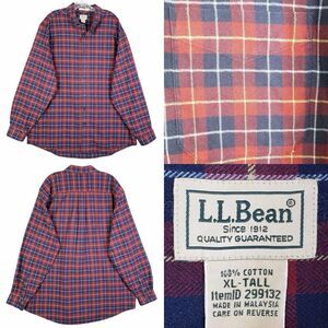 LL Bean Shirt Mens Size XLT Tall Red Blue Plaid Flannel LS Button Down LS